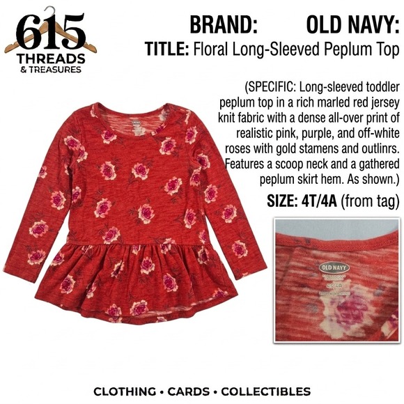 Old Navy Other - Old Navy Toddler Girls Red Floral Peplum Top Long Sleeve Rose Print Shirt 4T 4A